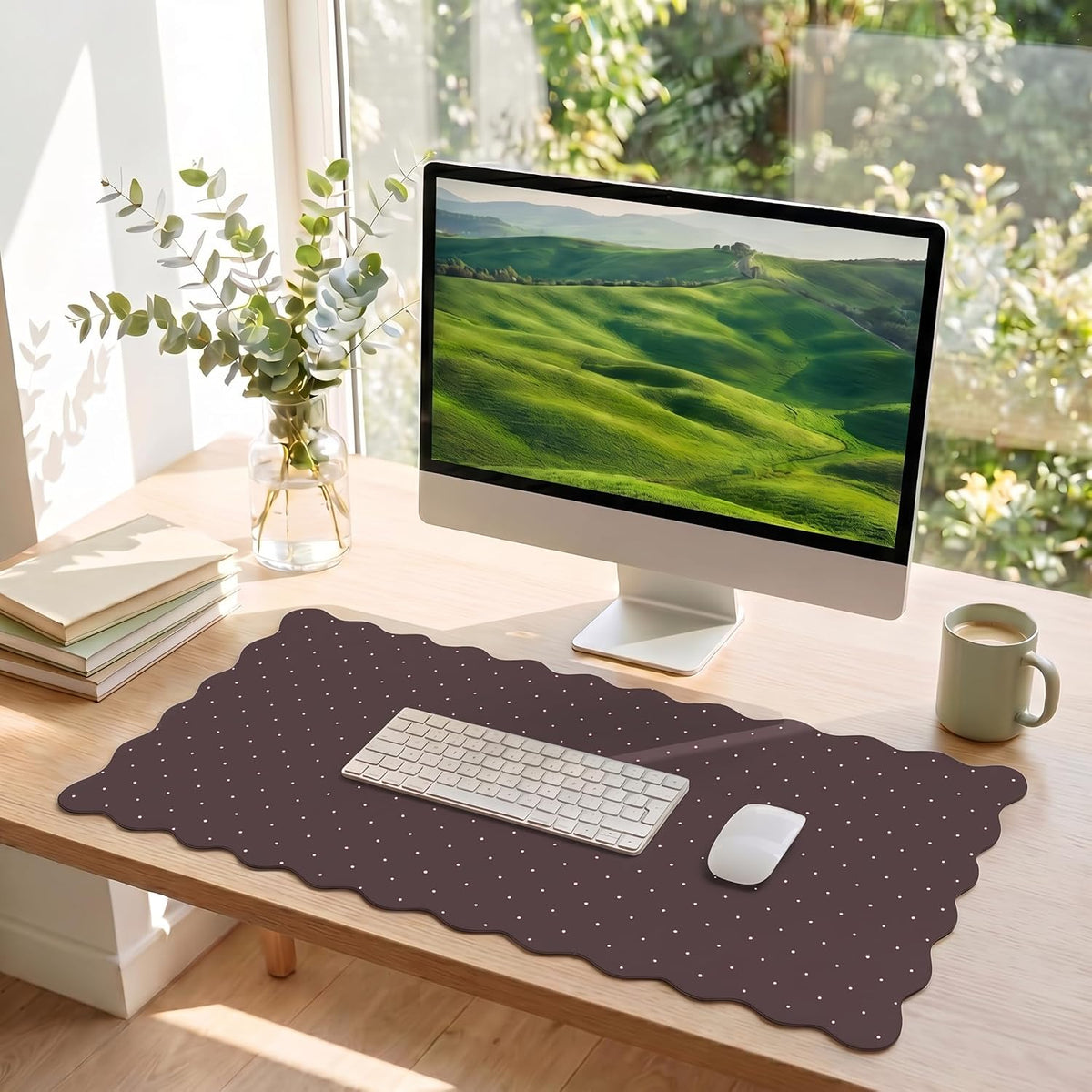 Cute Brown Scalloped Desk Mat with Polka Dot Large Mouse Pad Computer Mat Aesthetic Keyboard Mat for Desktop Laptop Protector for Office & Home 31" x 15.7"