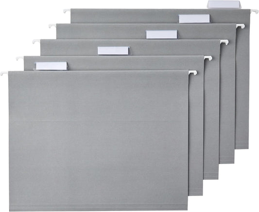 Amazon Basics Hanging File Folders with Adjustable Tabs for Document Organization, Letter Size, Gray, 25-Pack