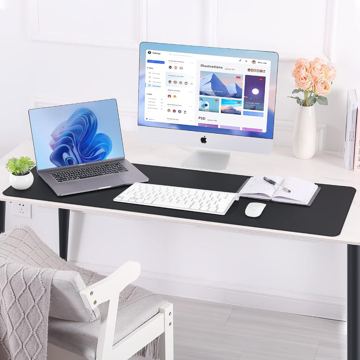 AFIING Large Desk Mat, 47" x 17",Black,Leather Desk Pad Protector for Mouse