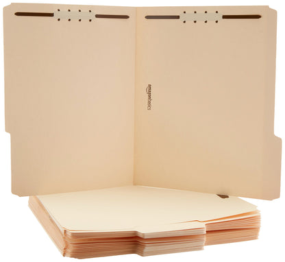 Amazon Basics Manila File Folders with Fasteners, 1/3 Cut Reinforced Tab, Letter Size, Expandable, Document Organizer, Beige, 50-Pack