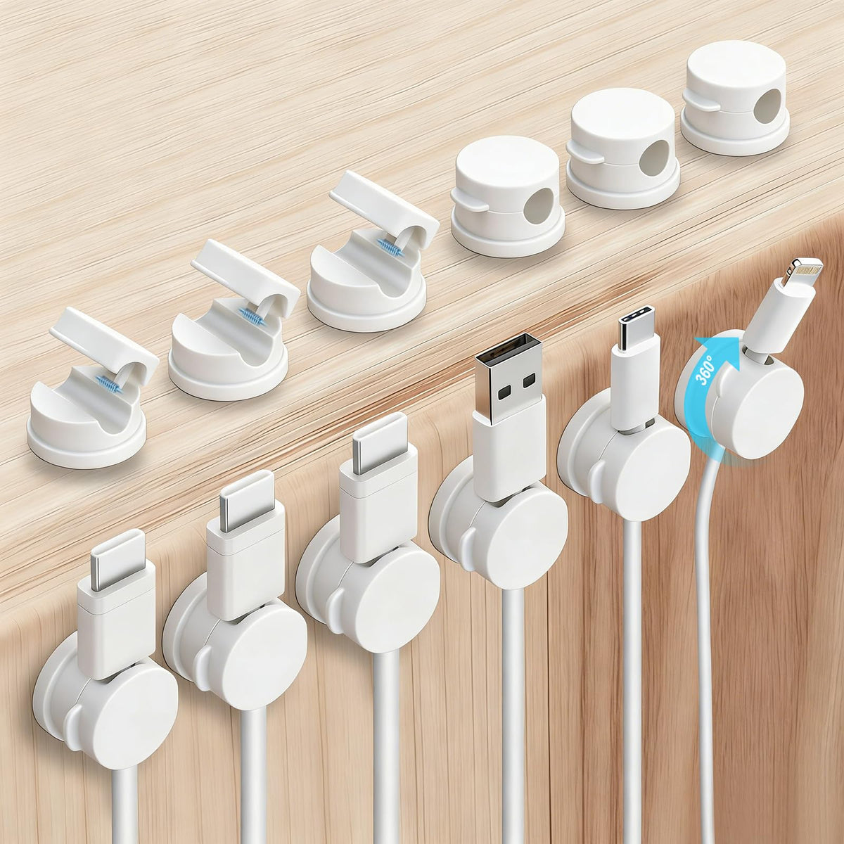 OneLeaf 12 Pack Rotatable Spring Cord Holders, 1s Lock Adhesive Cable Clips