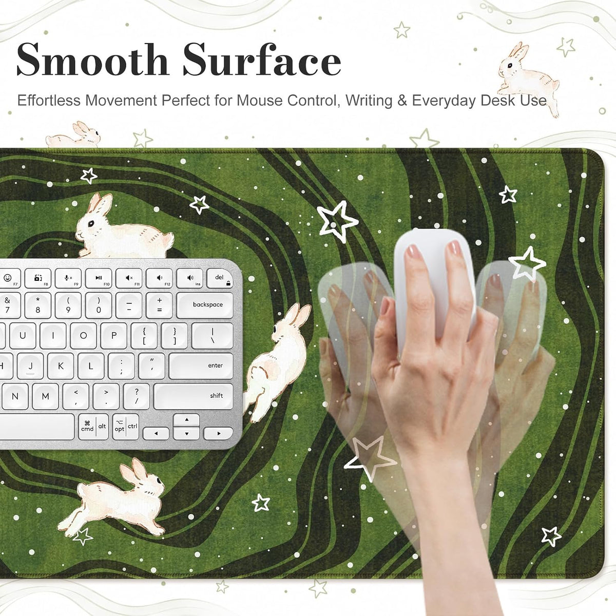 HAOCOO Cute Desk Mat Green, Celestial Rabbit Keyboard Pad 35.4"x15.7"