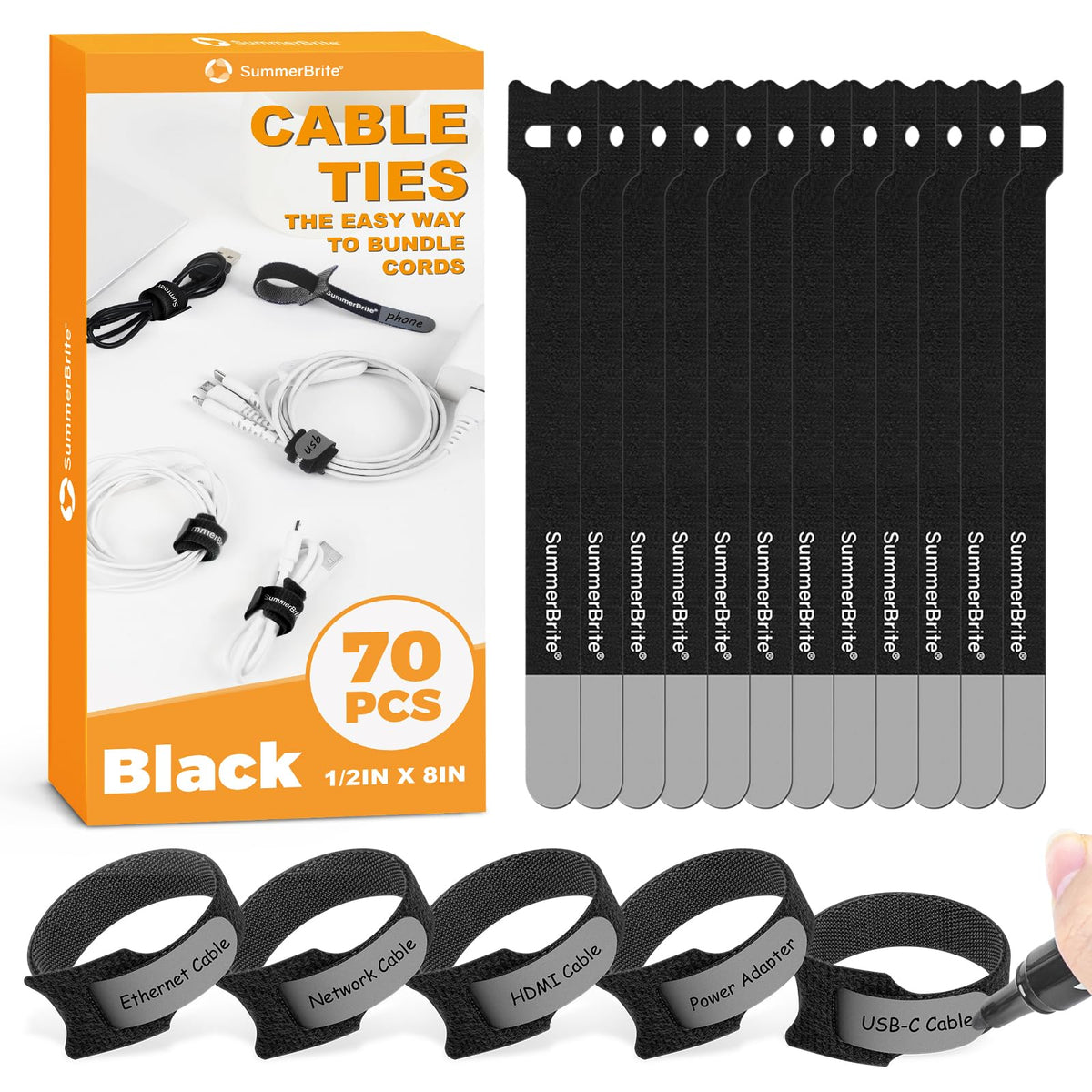 Cable Management with Writable Labels, Black, 70 PCS Assorted 4, 6, 8 IN