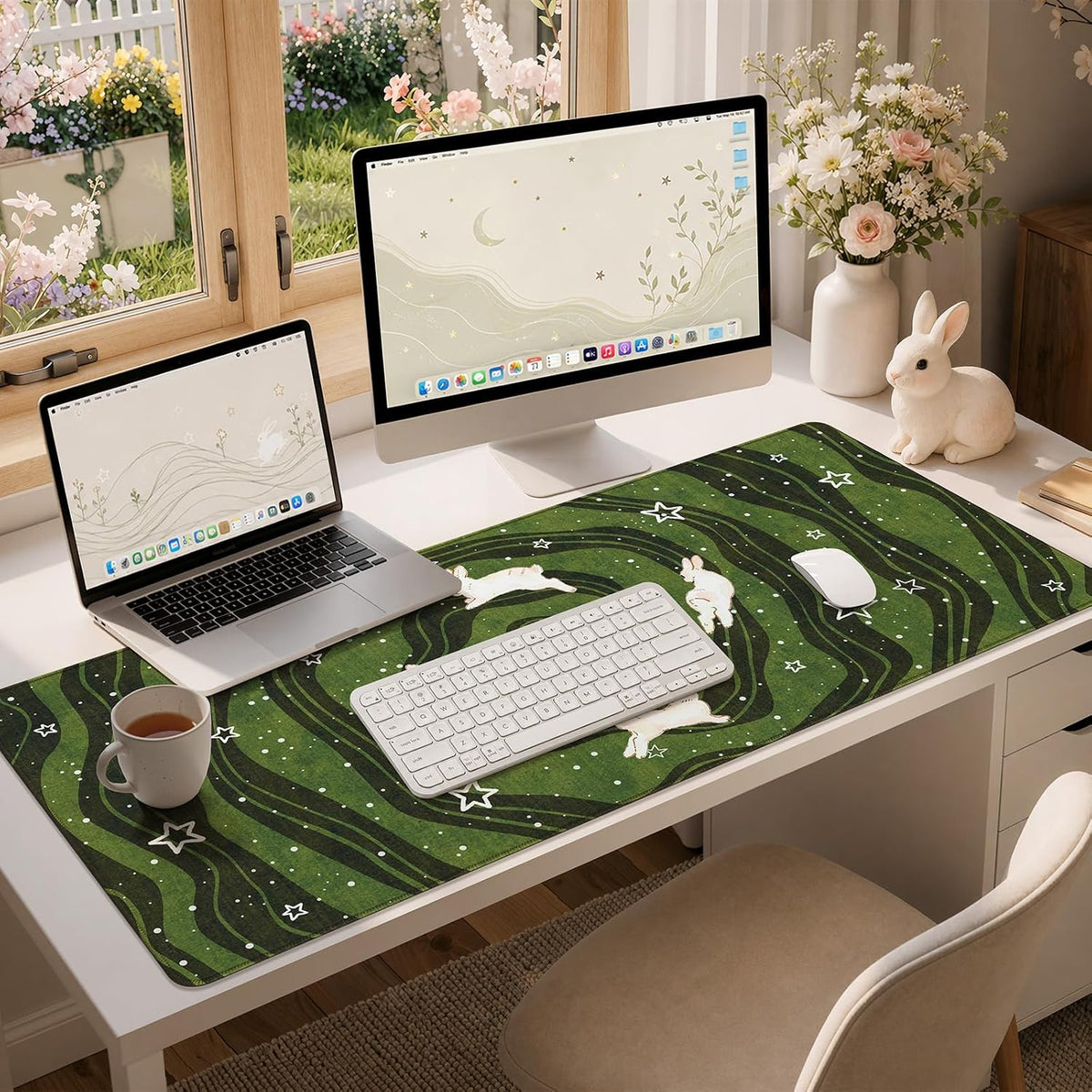 HAOCOO Cute Desk Mat Green, Celestial Rabbit Keyboard Pad 35.4"x15.7"