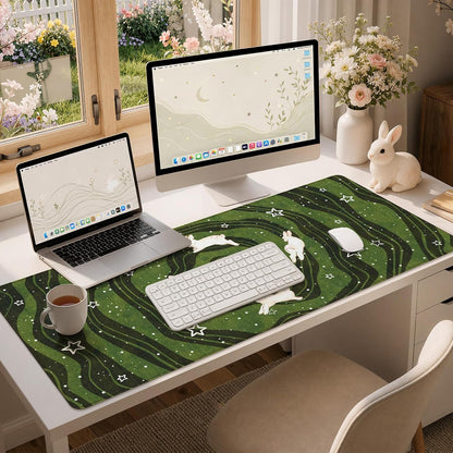 HAOCOO Cute Desk Mat Green, Celestial Rabbit Keyboard Pad 35.4"x15.7"