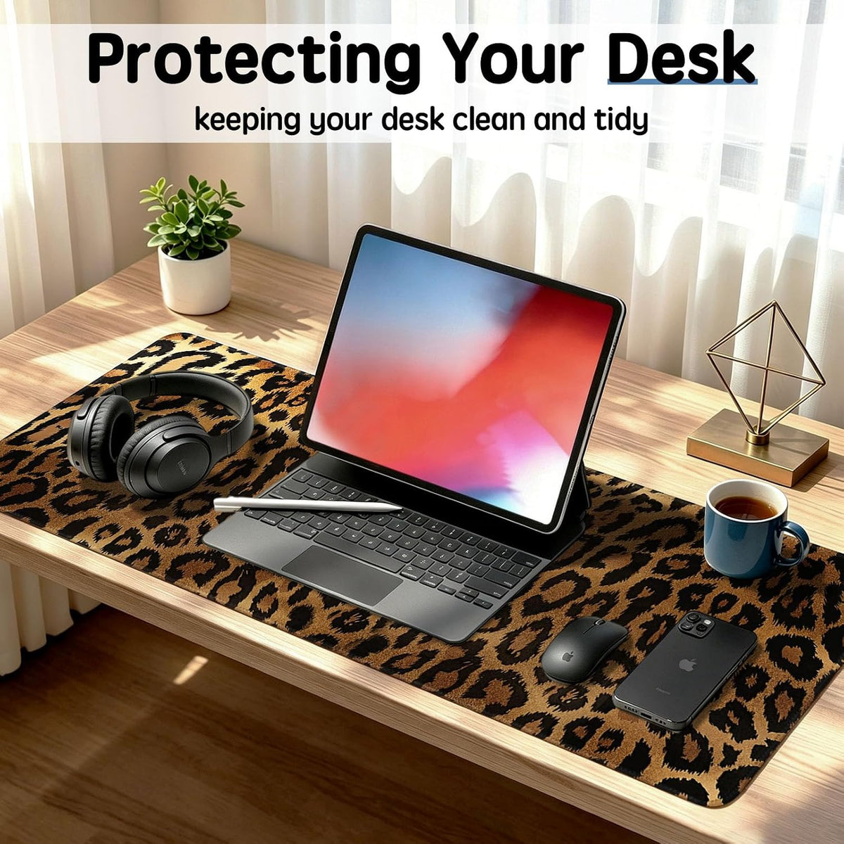 Leopard Desk Mat 31.5x11.8 Inch with Anti-Slip Rubber Base for Home Office