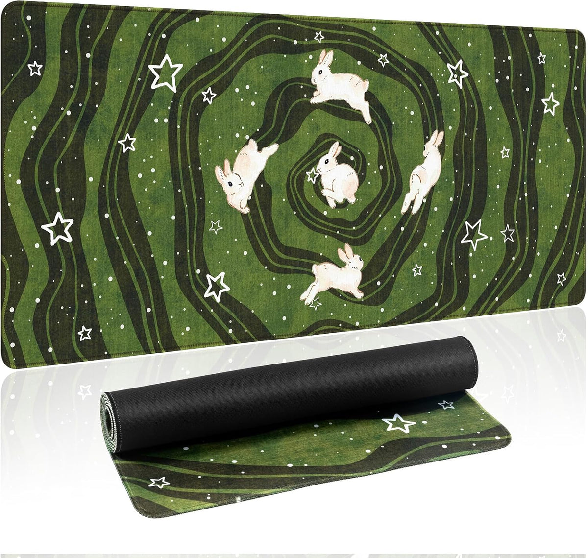 HAOCOO Cute Desk Mat Green, Celestial Rabbit Keyboard Pad 35.4"x15.7"