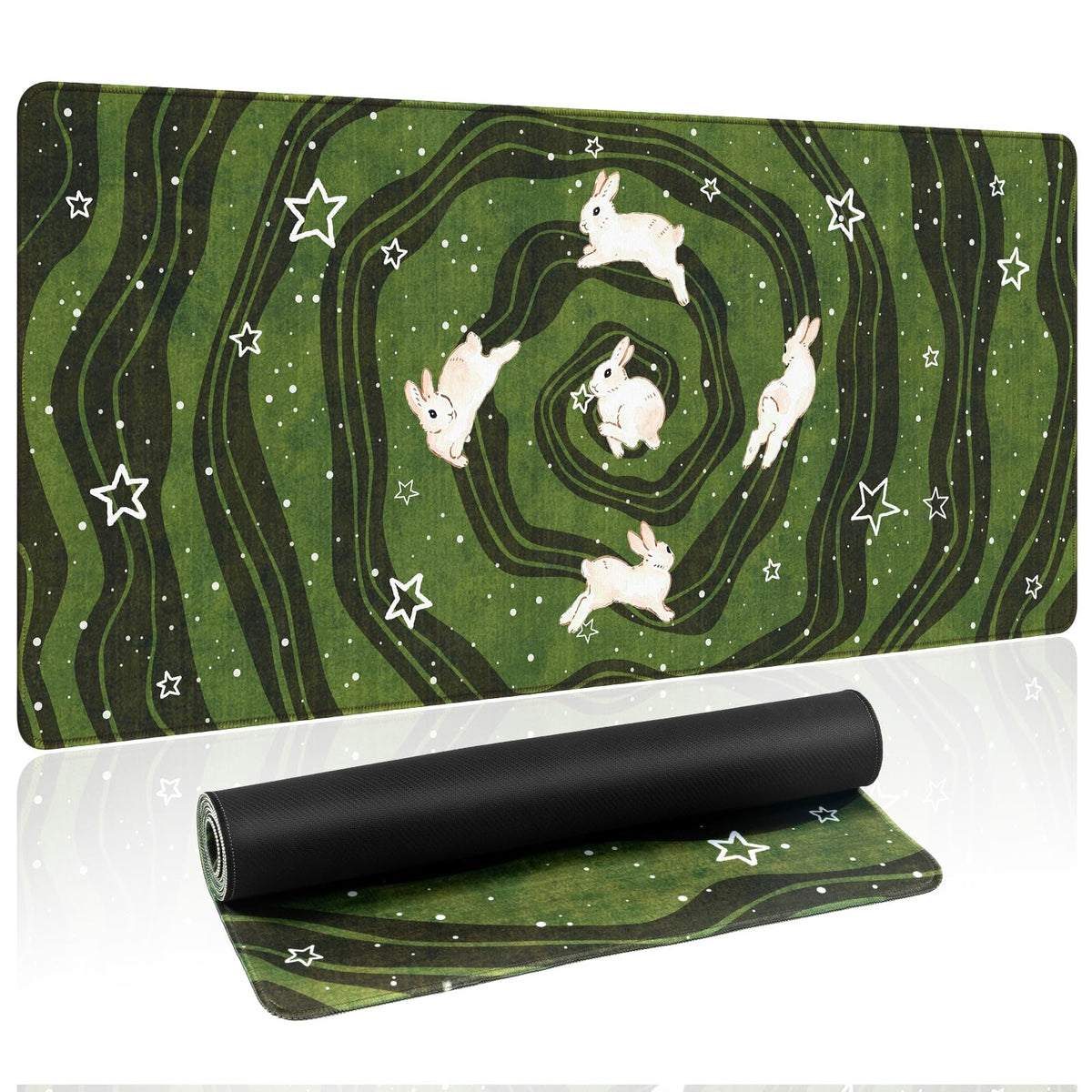 HAOCOO Cute Desk Mat Green, Celestial Rabbit Keyboard Pad 35.4"x15.7"