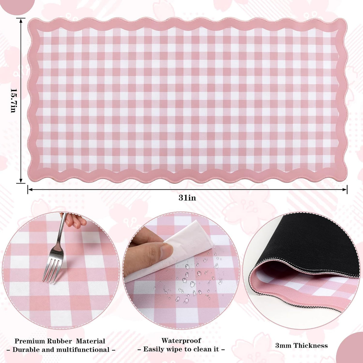 yuboo 31"×15.7" Scalloped Pink Gingham Desk Mat, Kawaii Pastel Mouse Mat