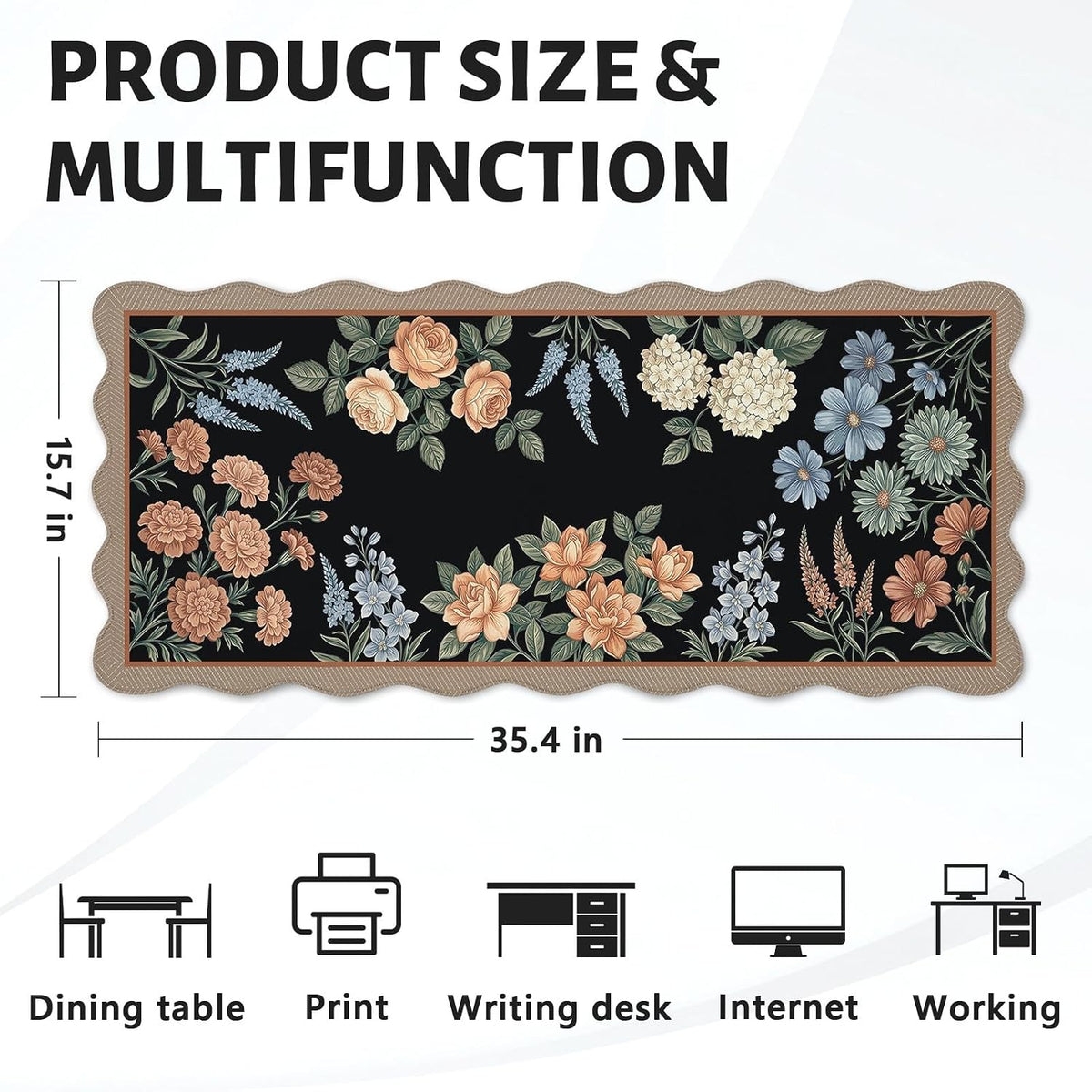 Scalloped Gaming Mouse Pad Desk Mat, Black Floral, 35.4"x15.7"