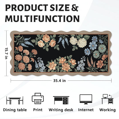 Scalloped Gaming Mouse Pad Desk Mat, Black Floral, 35.4"x15.7"