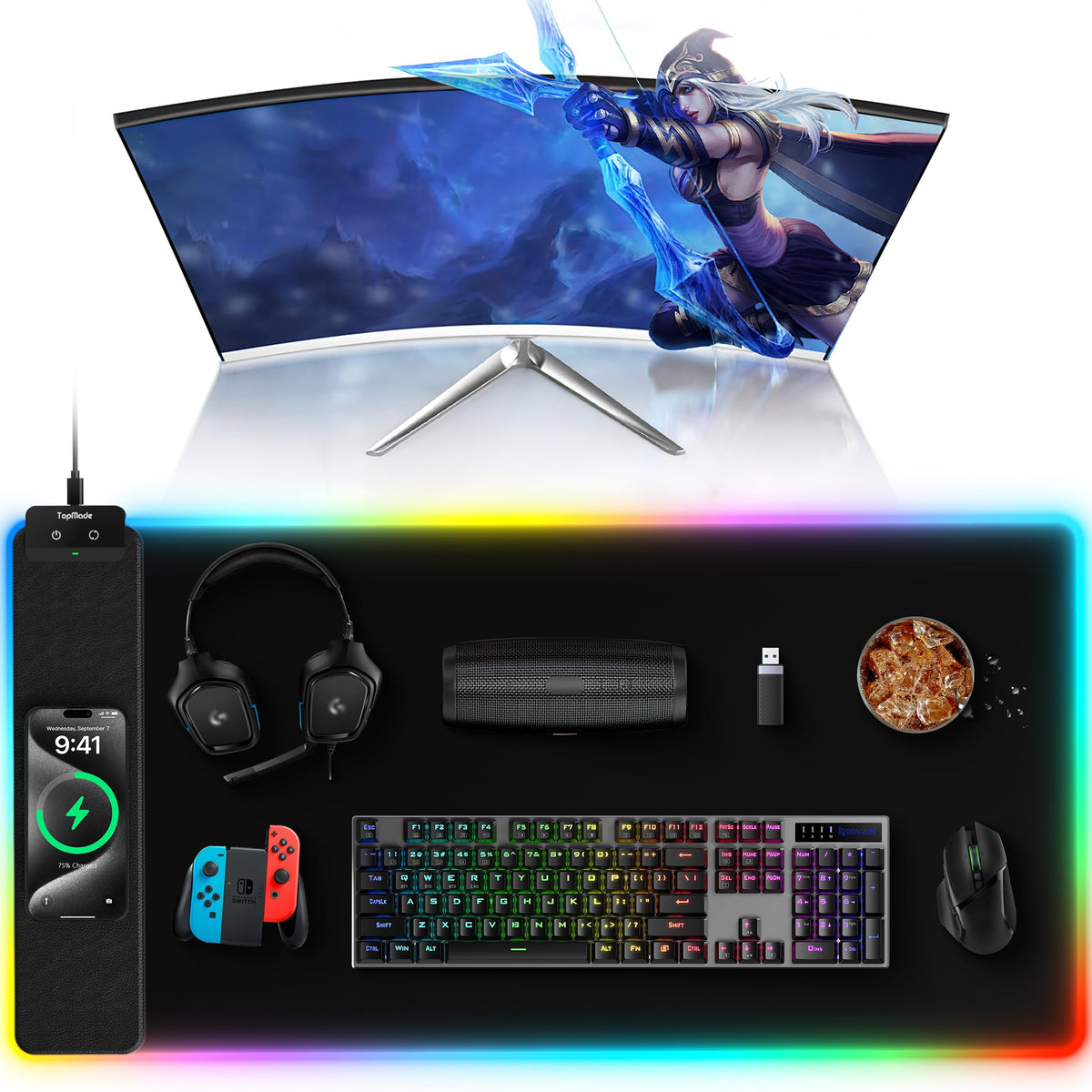 TopMade Wireless Charging Mouse Pad, 31.5"x15.75" XXL Extra Large Gaming Mousepads Waterproof Desk Pad with Ultra-Smooth Surface, Non-Slip Base, Classic Black Computer Desk Mat for MacBook, PC, Laptop