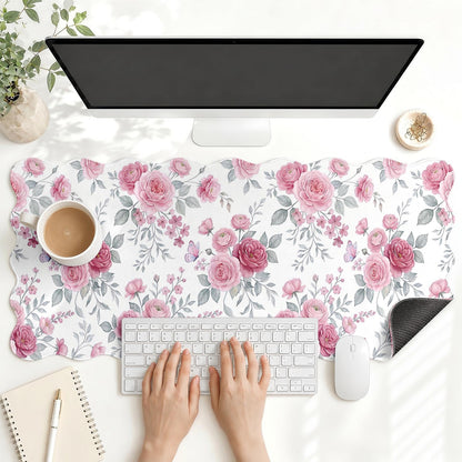 Scalloped Gaming Mouse Pad Desk Mat, Black Floral, 35.4"x15.7"
