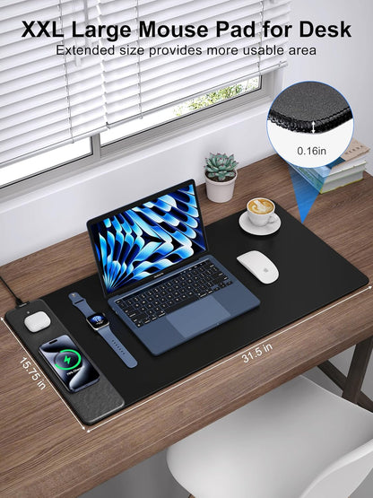 TopMade Wireless Charging Mouse Pad, 31.5"x15.75" XXL Extra Large Gaming Mousepads Waterproof Desk Pad with Ultra-Smooth Surface, Non-Slip Base, Classic Black Computer Desk Mat for MacBook, PC, Laptop