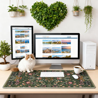 Dark Green Floral XXL Desk Mat, Extra Large Mouse Pad with Anti-Slip Base & Stitched Edges for Women, Aesthetic Desk Pad for Home Office Computer, Keyboard Mat Office Supplies Decor