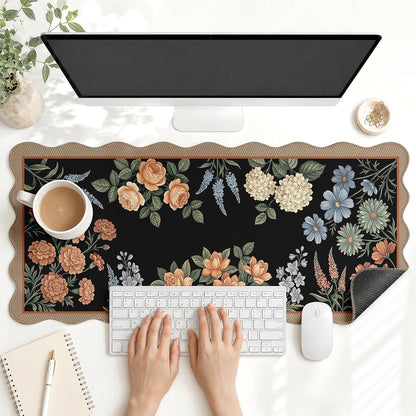 Scalloped Gaming Mouse Pad Desk Mat, Black Floral, 35.4"x15.7"