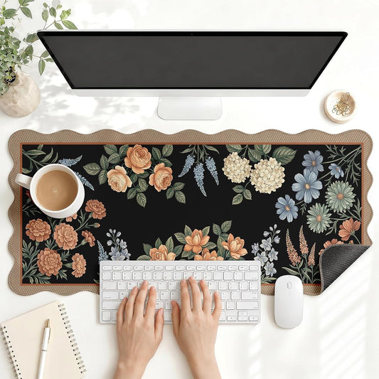 Scalloped Gaming Mouse Pad Desk Mat, Black Floral, 35.4"x15.7"
