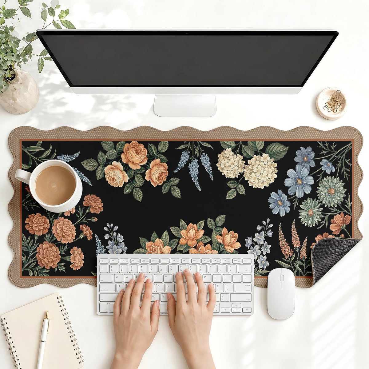 Scalloped Gaming Mouse Pad Desk Mat, Black Floral, 35.4"x15.7"