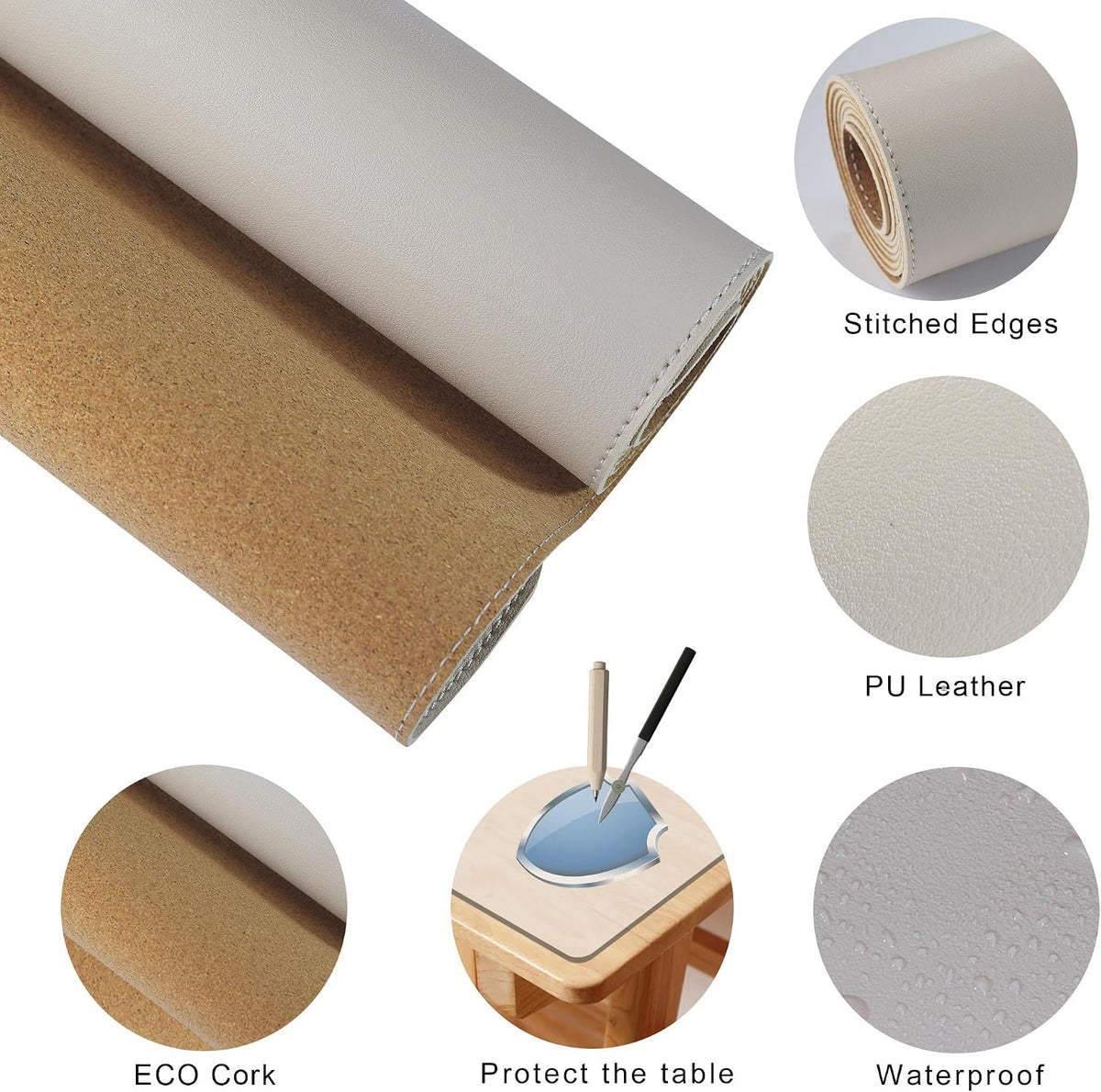 MAIDERN 43.3”x 19.6” Cork & Leather Desk Mat, Large Desk Pad (Cream)
