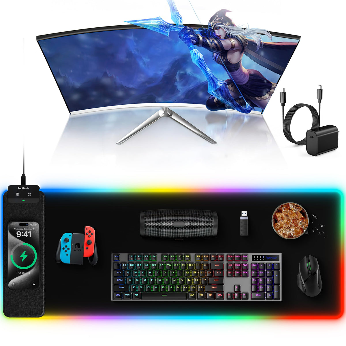 TopMade Wireless Charging Mouse Pad, 31.5"x15.75" XXL Extra Large Gaming Mousepads Waterproof Desk Pad with Ultra-Smooth Surface, Non-Slip Base, Classic Black Computer Desk Mat for MacBook, PC, Laptop