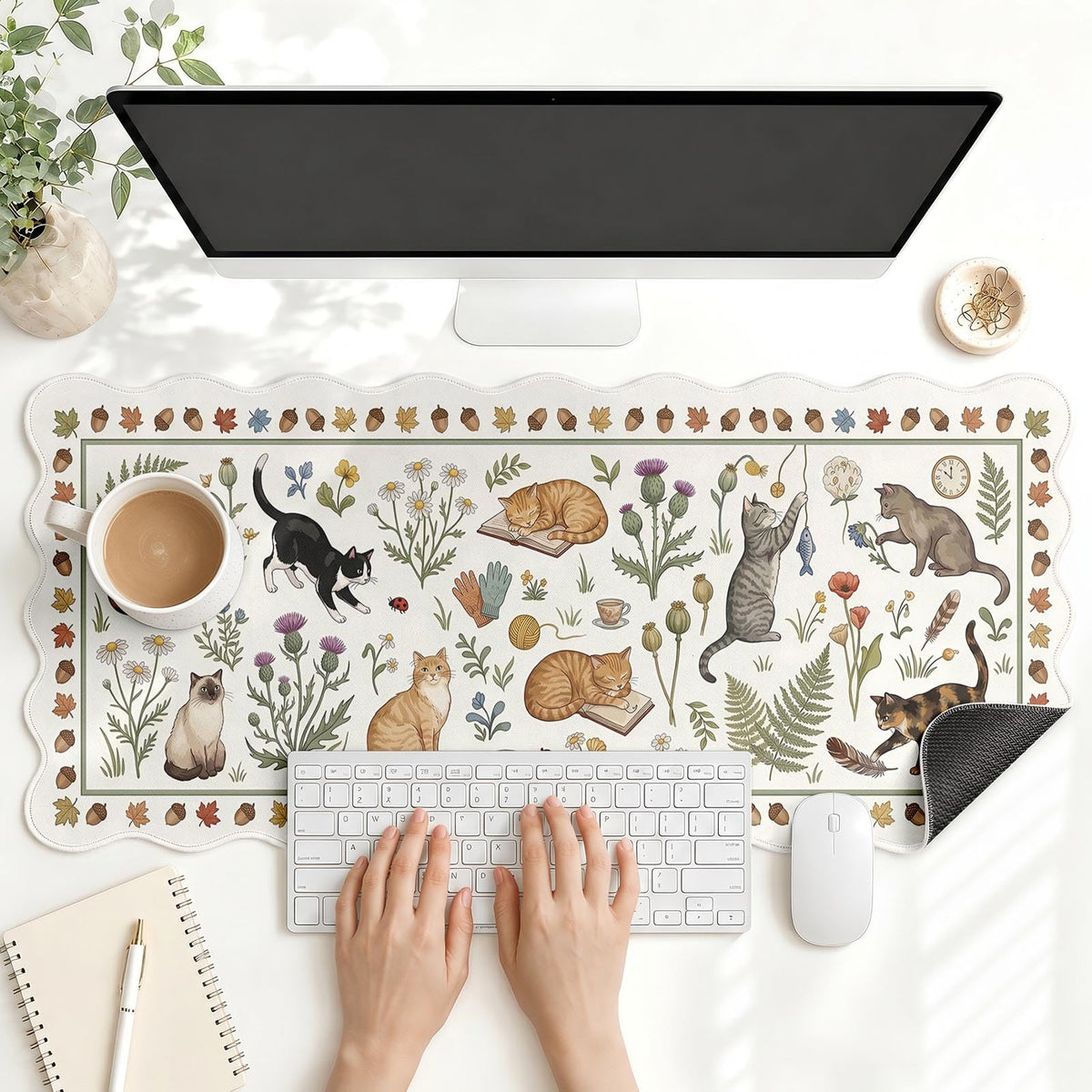 Scalloped Gaming Mouse Pad Desk Mat, Black Floral, 35.4"x15.7"