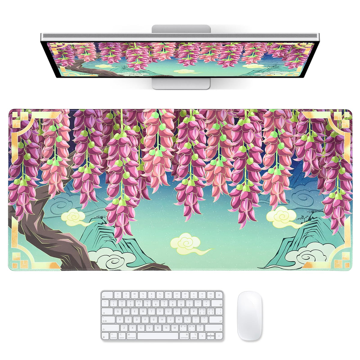 Large Desk Mat Purple Floral Mouse Pad Extended Keyboard Mat 35.4 x 15.7