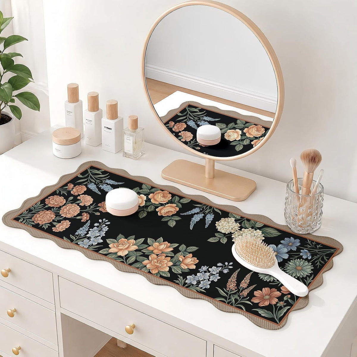 Scalloped Gaming Mouse Pad Desk Mat, Black Floral, 35.4"x15.7"