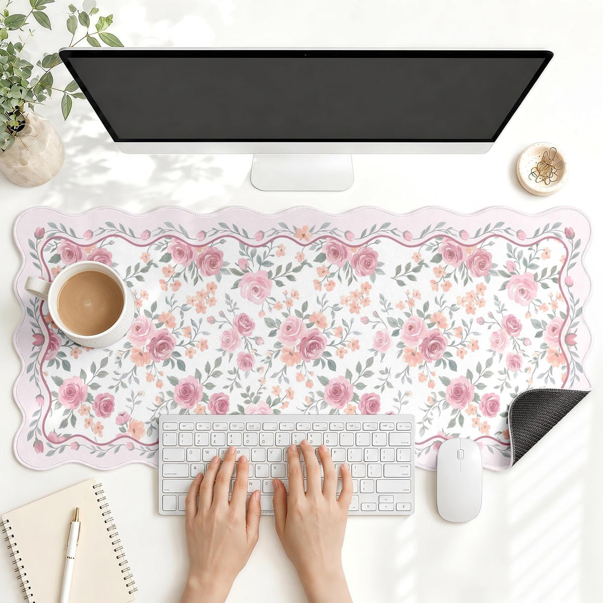 Scalloped Gaming Mouse Pad Desk Mat, Black Floral, 35.4"x15.7"