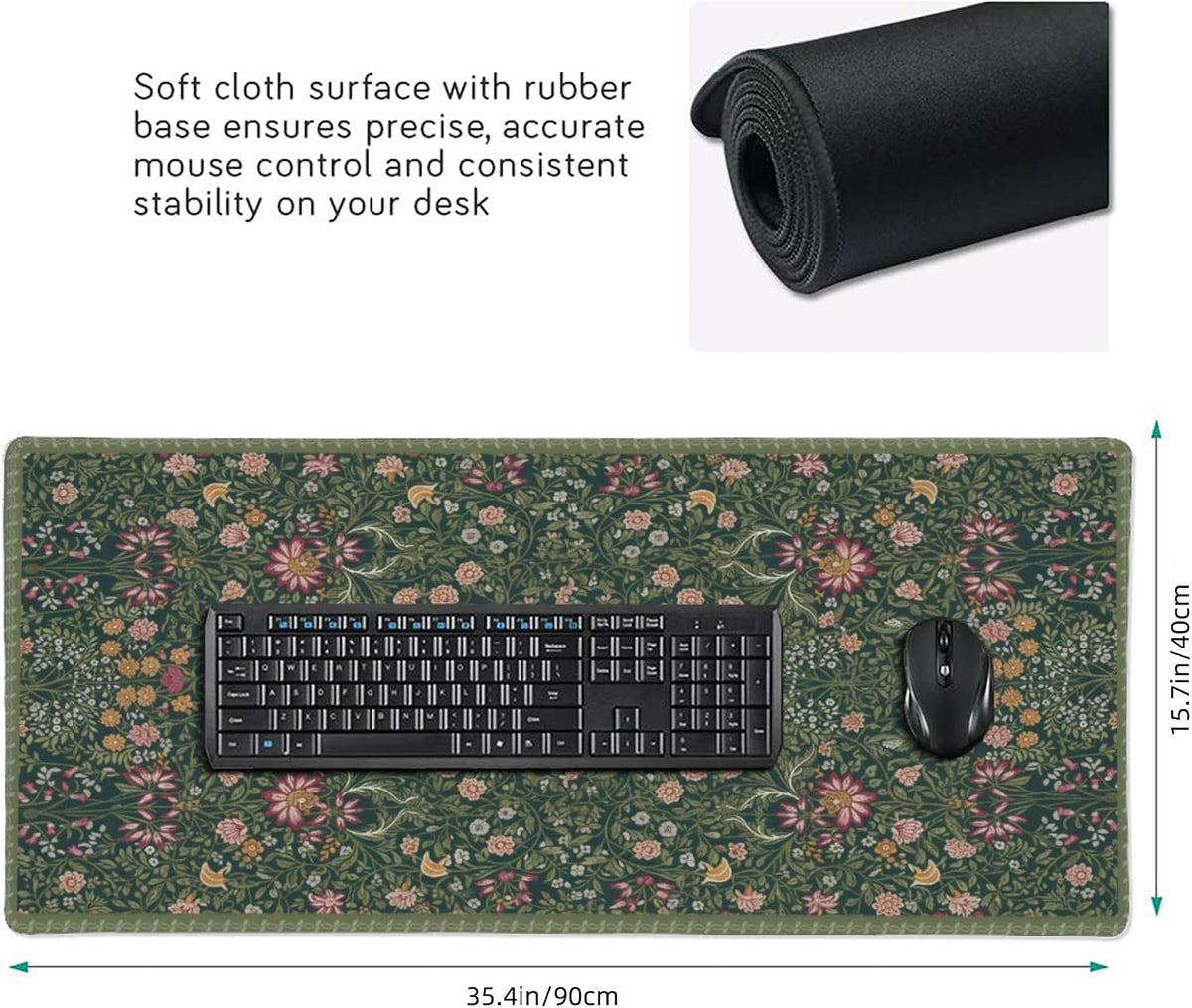 Dark Green Floral XXL Desk Mat, Extra Large Mouse Pad with Anti-Slip Base & Stitched Edges for Women, Aesthetic Desk Pad for Home Office Computer, Keyboard Mat Office Supplies Decor