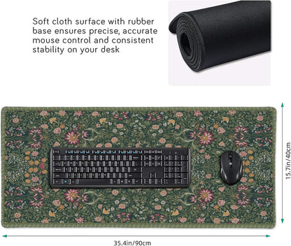 Dark Green Floral XXL Desk Mat, Extra Large Mouse Pad with Anti-Slip Base & Stitched Edges for Women, Aesthetic Desk Pad for Home Office Computer, Keyboard Mat Office Supplies Decor