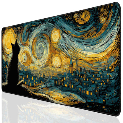 Desk Cover Mat, Extended Large Anime Mouse Pad, Computer Laptop Mat Desk Decor for Office Game Home 31.5 X 15.7 Inch (Starry Night Cat)
