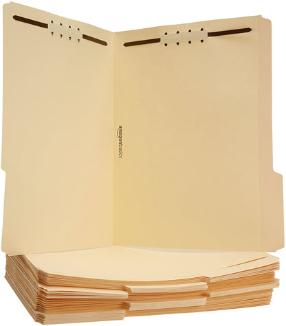 Amazon Basics Manila File Folders with Fasteners, 1/3 Cut Reinforced Tab, Letter Size, Expandable, Document Organizer, Beige, 50-Pack