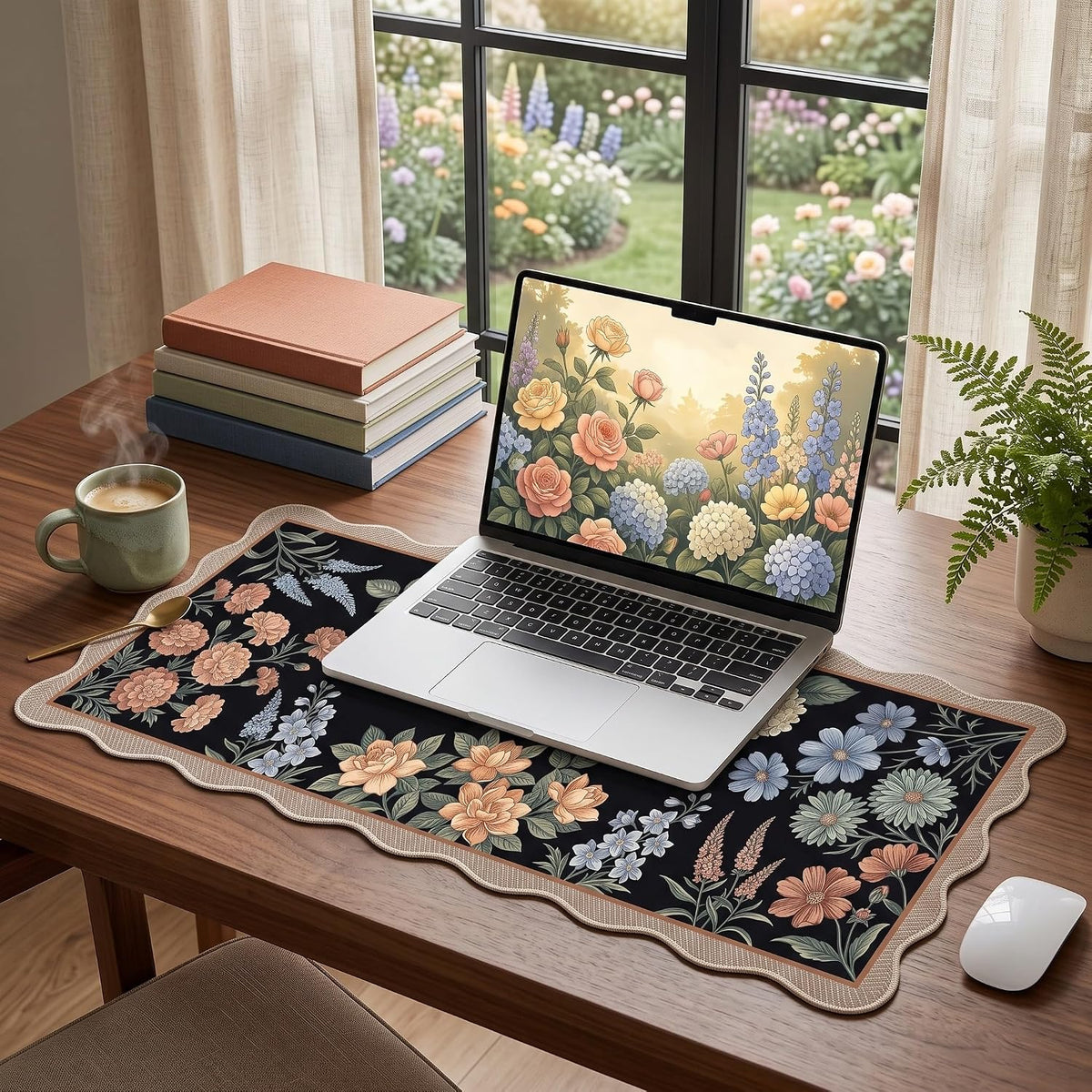 Scalloped Gaming Mouse Pad Desk Mat, Black Floral, 35.4"x15.7"