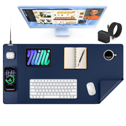 Mouse Pad with 15W Wireless Charging, XXL Large Leather Desk Mat, Blue
