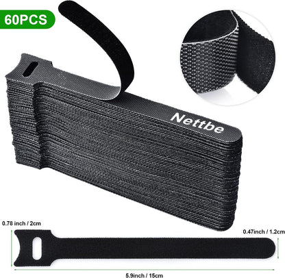 Nettbe 60 PCS 6 Inches Reusable Cable Ties, Adjustable Cord Straps Wire Organizer Cord Wrap and Hook Loop Cable Management